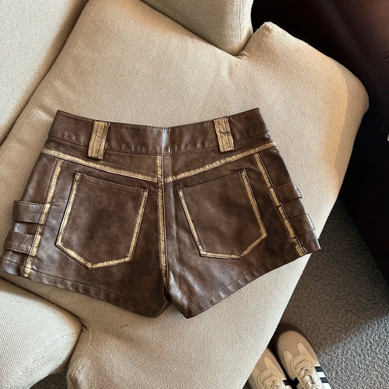 Women's Y2k Hot Girl Low Waist Pu Leather Shorts Lady Streetwear Faux Leather Slim Short Pants
