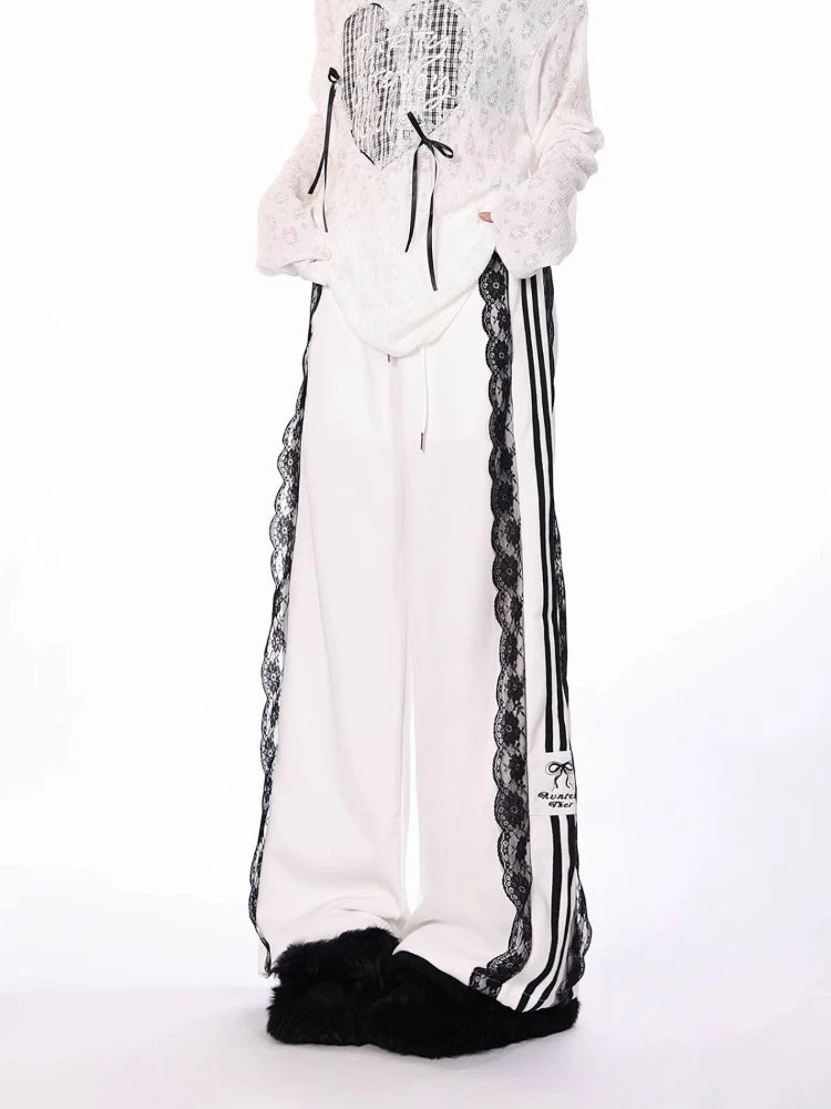 Autumn Chic Korean Loose Joggers Women Patchwork Lace Drawstring Sweatpants Y2k Pants Femme New Bottoms Casual Fashion Trousers