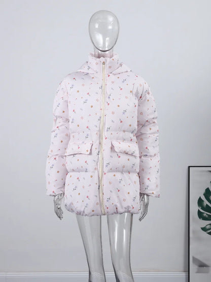 Print Oversized Hoodie Puffer Jacket Women Stand Collar Full Sleeve Sherpa Lined Pocket Zipper Coat 2026 Winter Warm Snowear