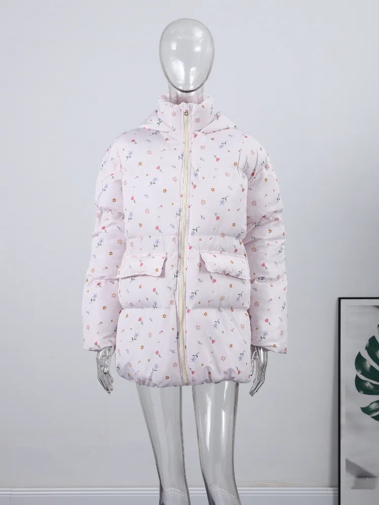 Print Oversized Hoodie Puffer Jacket Women Stand Collar Full Sleeve Sherpa Lined Pocket Zipper Coat 2026 Winter Warm Snowear