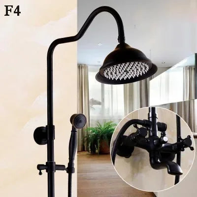 Bathroom Antique Black Painting Brass Lifting Column Wall Mount Shower Set 8" 3-Functions Hot Cold Rainfall Shower Mixer Tap