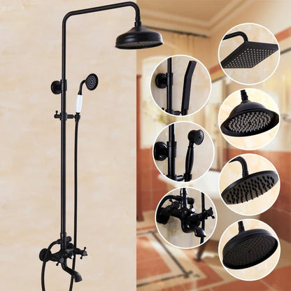 Bathroom Antique Black Painting Brass Lifting Column Wall Mount Shower Set 8" 3-Functions Hot Cold Rainfall Shower Mixer Tap