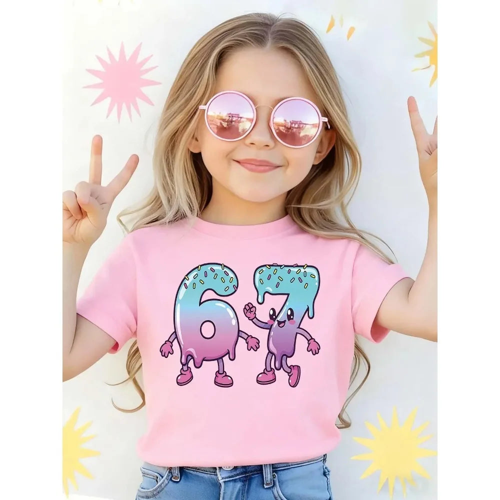 67 Maglietta estiva a maniche corte per bambini con stampa del numero sei sette, maglietta in cotone alla moda per bambine, top comodo per bambini