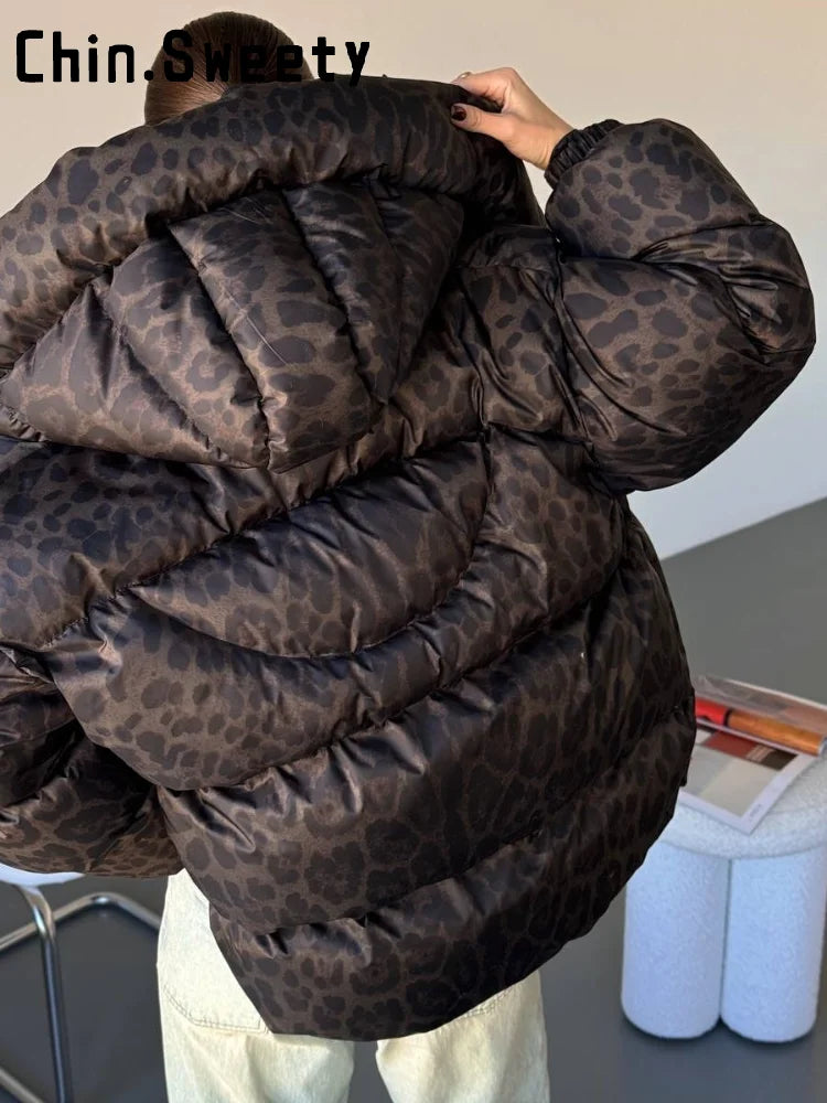 Casual Leopard Print Hooded Puffer Jacket Women Stand Collar Zipper Short Puffy Coat 2025 Winter Lady Street Warm Outerwears New