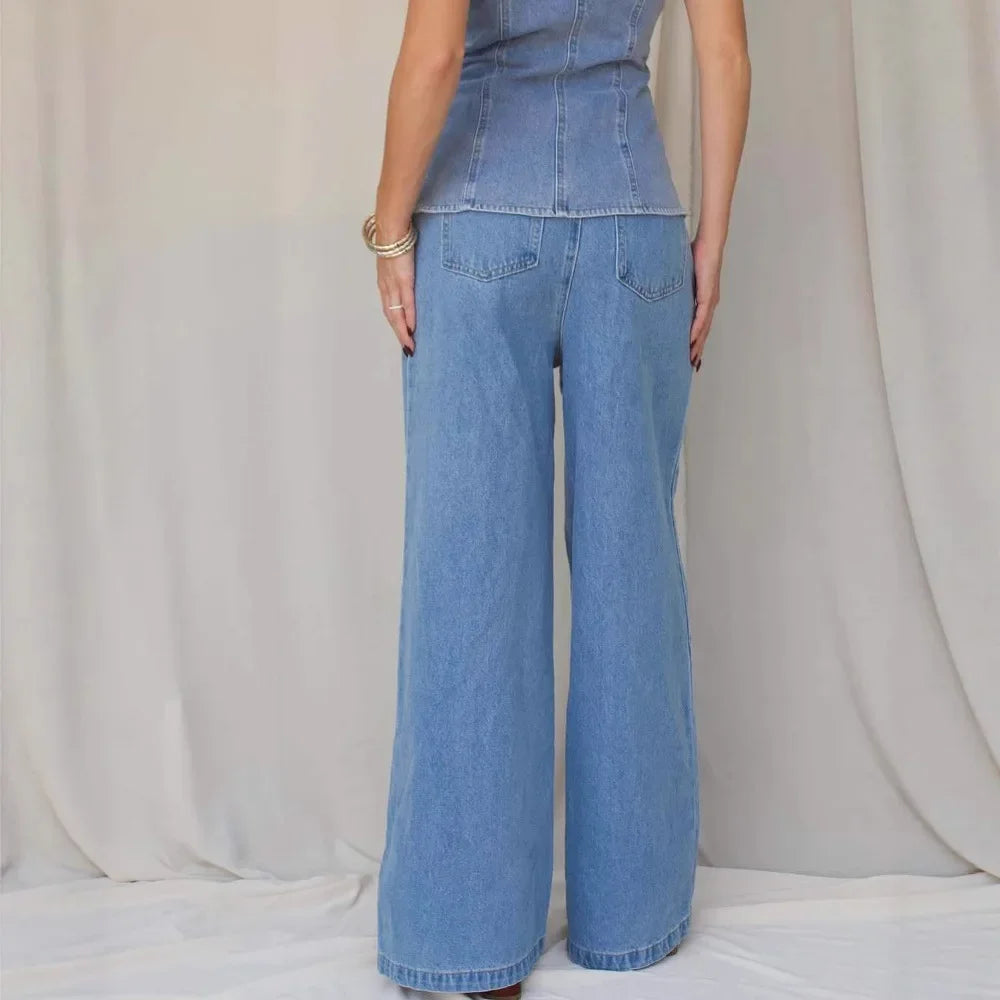 Completo da donna in denim, in cotone, con gilet senza maniche e jeans, tinta unita, stile americano, pantaloni larghi e dritti