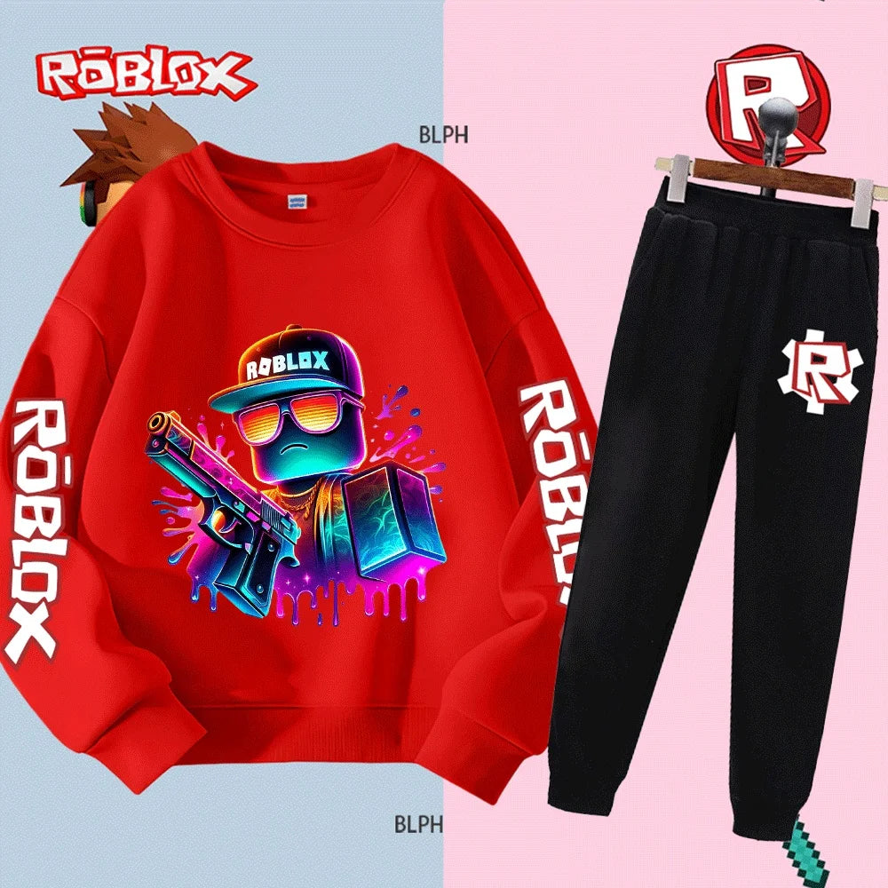 Set felpa con cappuccio Roblox per bambini e bambine, felpa alla moda a maniche lunghe con pantaloni e stampa di personaggi dei cartoni animati, casual
