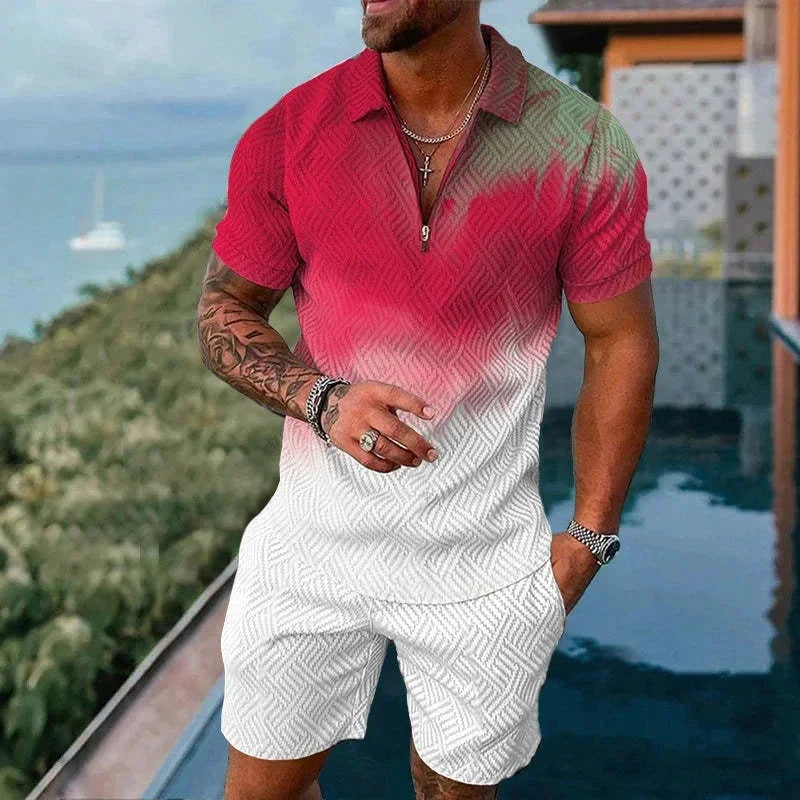 Completo da uomo composto da polo con cerniera, tinta unita, stampa 3D sfumata, colletto polo e pantaloncini. Abbigliamento estivo oversize per le vacanze alle Hawaii.