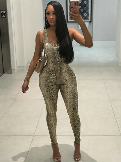 Body senza maniche e scollo profondo con stampa serpentina Kliou da donna, due pezzi, pantaloni lunghi aderenti color pesca, hot night clubwear