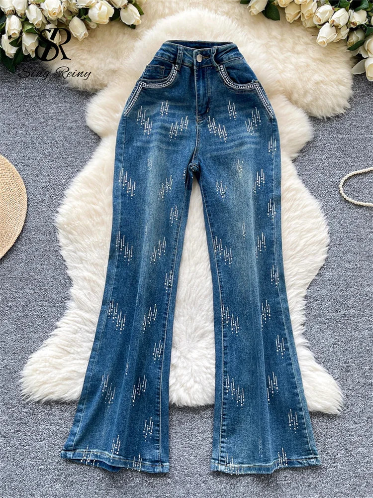 SINGREINY Autumn Diamond Denim Long Pants Women's Pockets Bodycon Hotsweet Casual Trousers Fashion Shiny Retro Wide Leg Jeans