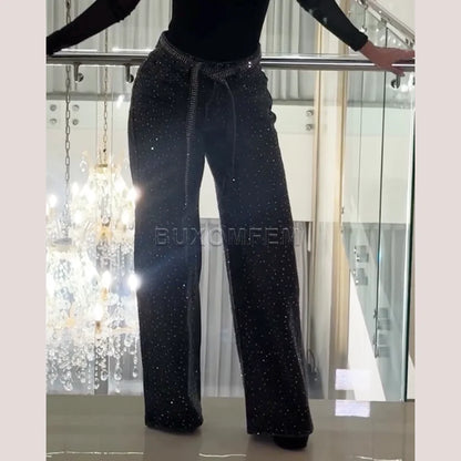 Women's Wide Leg Loose Jeans Drilled Straight Leg Pants 2025 Stylish Baggy Trousers Ladies Fashion Y2K Streetwear Outfit Bottoms