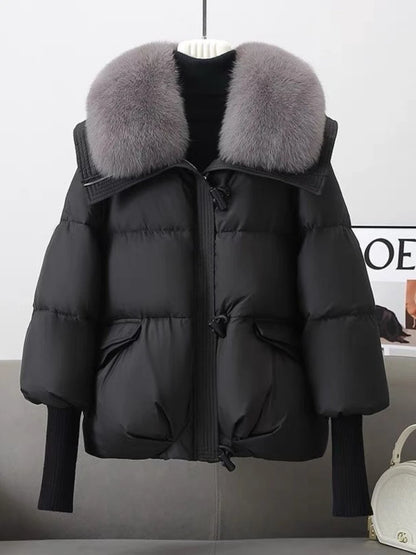 2025 Women Parkas Down Cotton Short Padded Jacket Fur Collar Autumn Winter Thick Coats Female Black Casual Outerwear Clothes