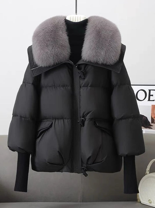 2025 Women Parkas Down Cotton Short Padded Jacket Fur Collar Autumn Winter Thick Coats Female Black Casual Outerwear Clothes