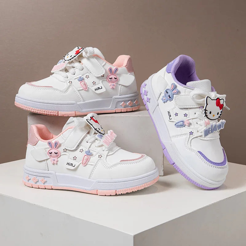Scarpe casual per bambini, sneakers con cartoni animati, in pelle PU, scarpe sportive primaverili e autunnali per bambini, antiscivolo, rosa e viola, taglie 26-37