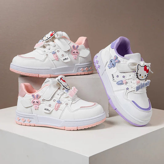 Scarpe casual per bambini, sneakers con cartoni animati, in pelle PU, scarpe sportive primaverili e autunnali per bambini, antiscivolo, rosa e viola, taglie 26-37