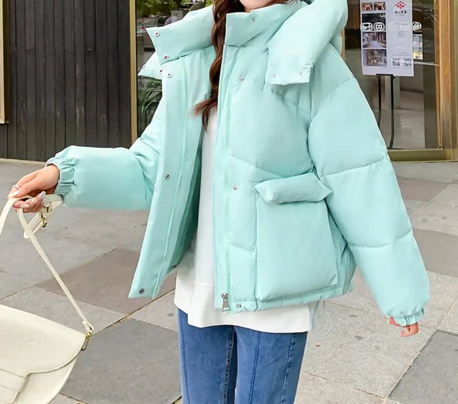 New Winter Fashion Long Sleeve Stand Up Collar Zipper Loose Solid Color Thick Hooded Down Jacket For Women,7 Colors