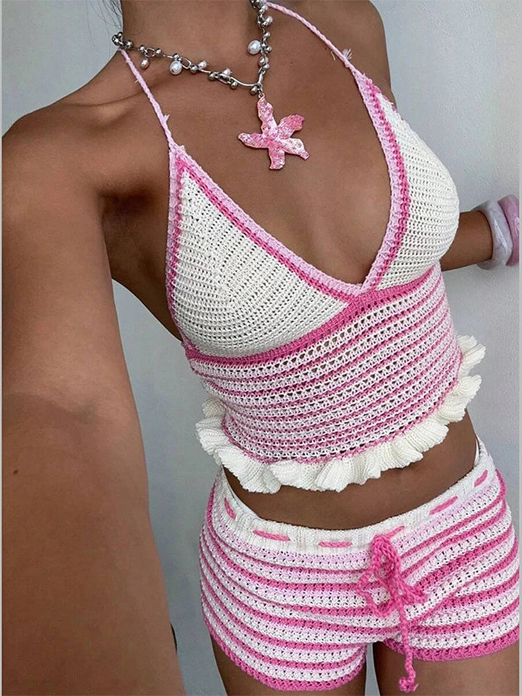 Completo da spiaggia sexy da donna in maglia, senza schienale, scollo a V profondo, senza maniche, top corto, pantaloncini, completo estivo da donna a righe, 2026