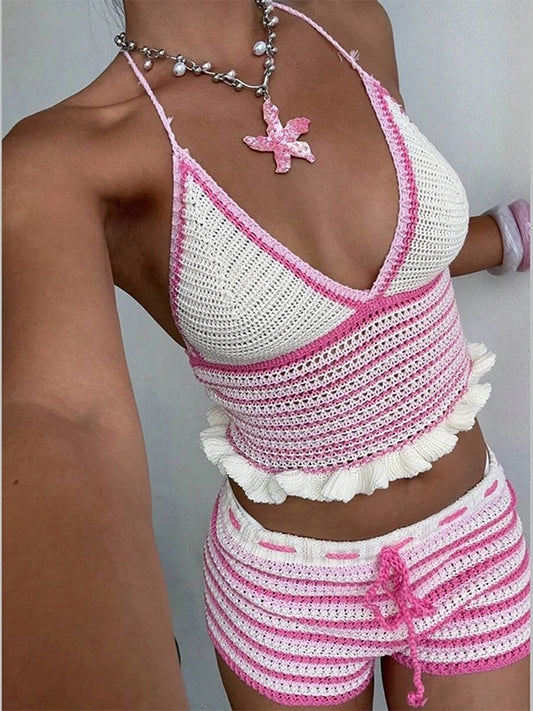 Completo da spiaggia sexy da donna in maglia, senza schienale, scollo a V profondo, senza maniche, top corto, pantaloncini, completo estivo da donna a righe, 2026