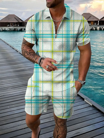 Completo estivo vintage casual a righe con stampa 3D, composto da polo, polo con cerniera e colletto, pantaloncini con cerniera, stile vacanze hawaiane da uomo.