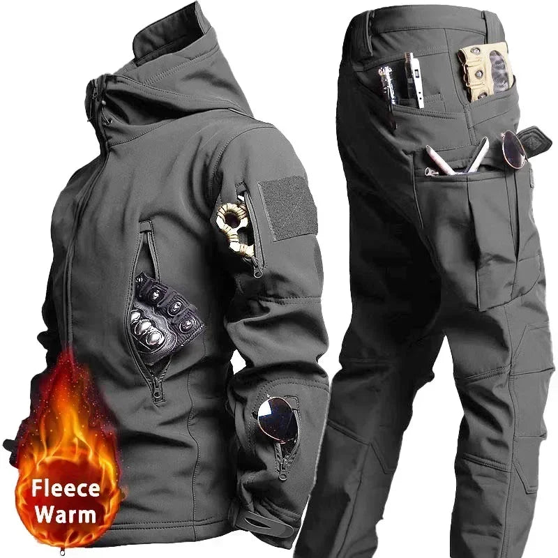 Tactical Waterproof Men Camo Set Soft Shell Fleece Winter Combat Suit Windbreak Warm Multi Pocket Outdoors Training Uniform