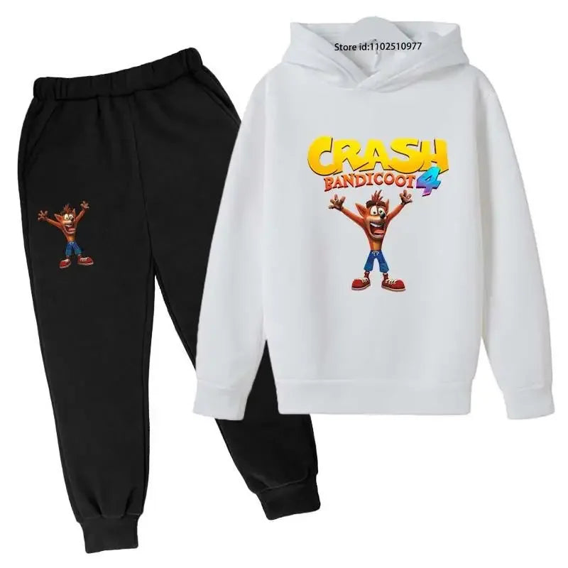 Completo per bambini con felpa con cappuccio e pantaloni a tema Crash Bandicoot, ideale per primavera e autunno, taglie 3-13 anni, abbigliamento casual per bambini e bambine.