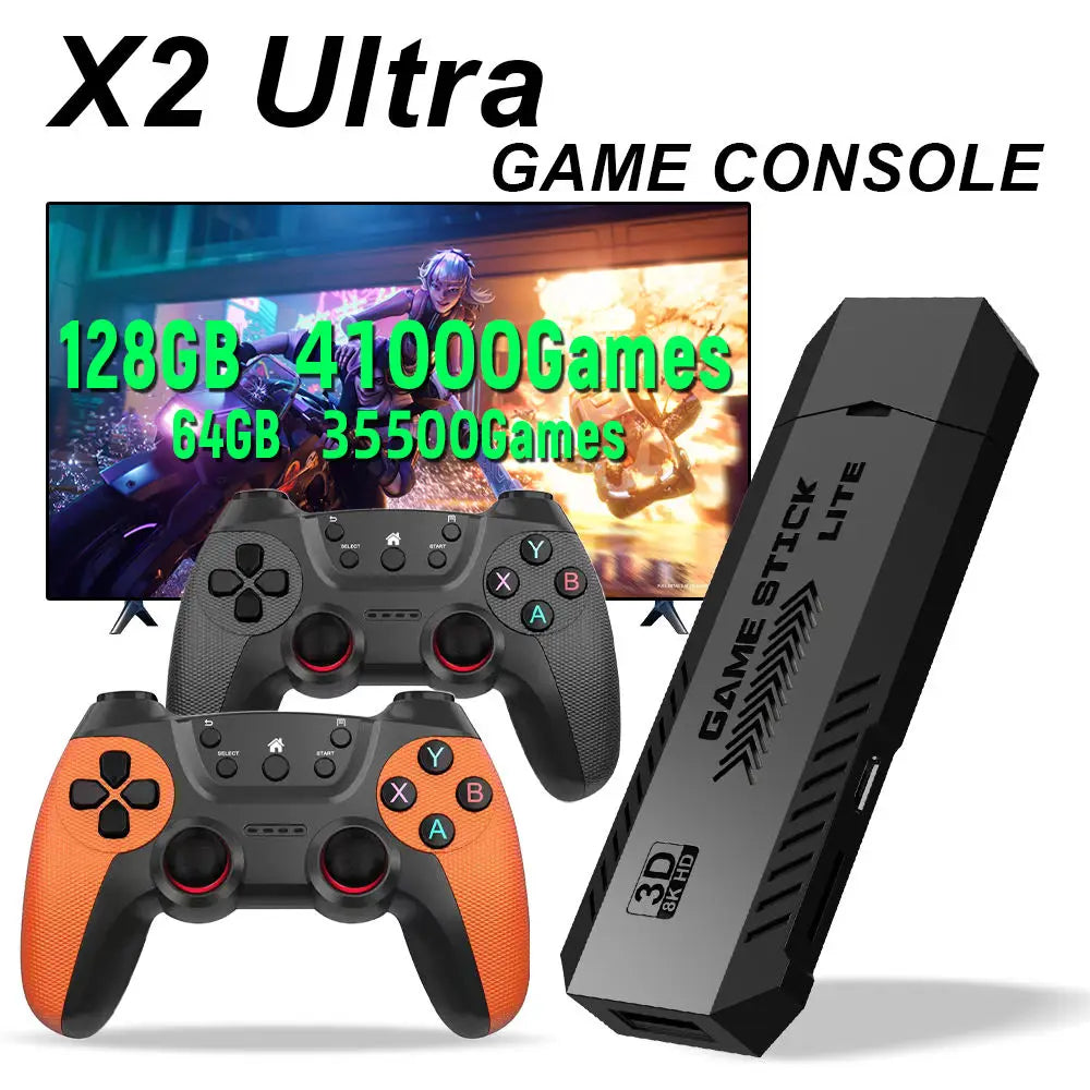 X2 Ultra Pro Retro Game Stick 64GB/128GB Console di gioco portatile con video 4K e controller wireless, compatibile con i formati di gioco FC e GBC.