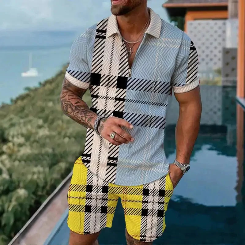 Completo estivo vintage casual a righe con stampa 3D, composto da polo, polo con cerniera e colletto, pantaloncini con cerniera, stile vacanze hawaiane da uomo.
