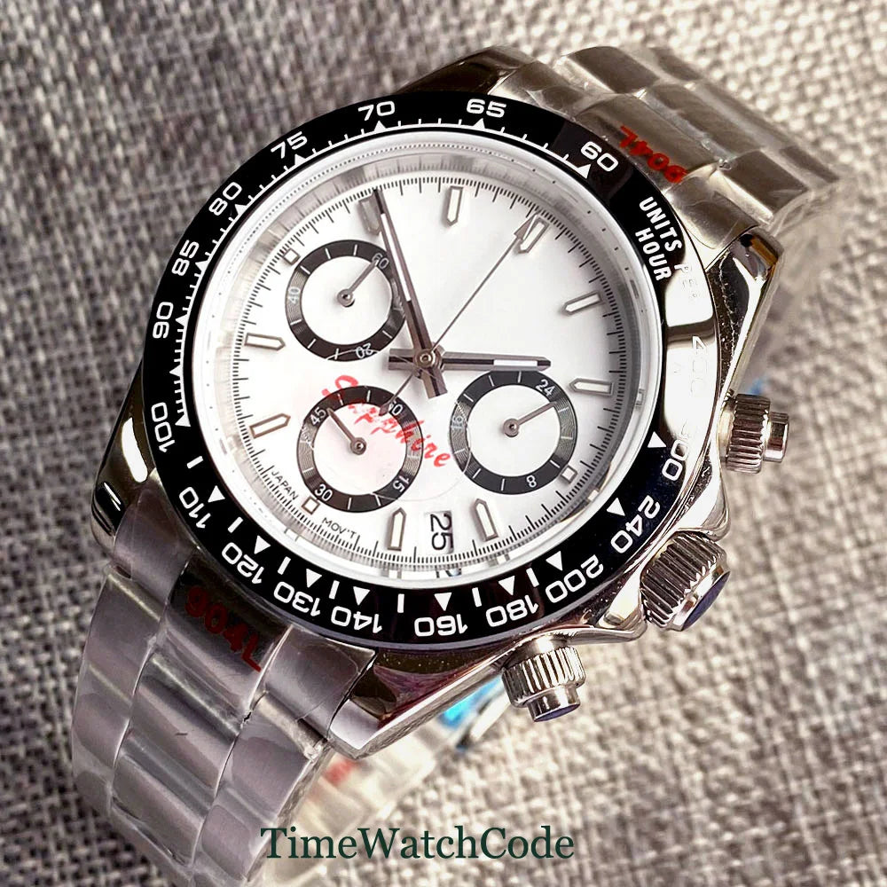 Orologio cronometro Tandorio da uomo, 39 mm, movimento al quarzo VK63, quadrante grigio, vetro zaffiro, cronografo completo, bracciale in acciaio inossidabile 316L, cinturino in gomma.