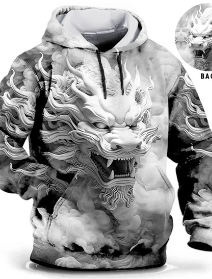 Felpa con cappuccio da uomo con stampa grafica di drago per il Capodanno cinese, stampa animalier, classica casual, pullover 3D, streetwear, maniche lunghe.
