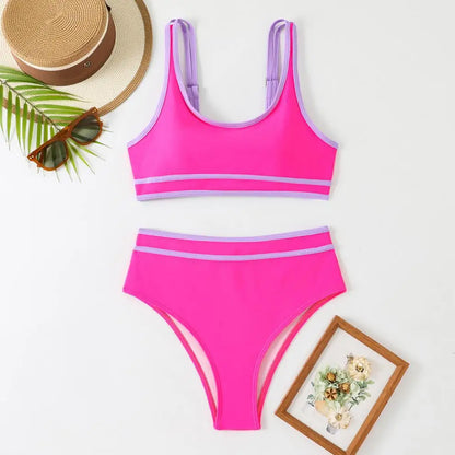 Bikini vintage rosa acceso patchwork da donna, reggiseno push-up estivo, costume da bagno a vita alta 2025, costume da bagno da spiaggia a due pezzi