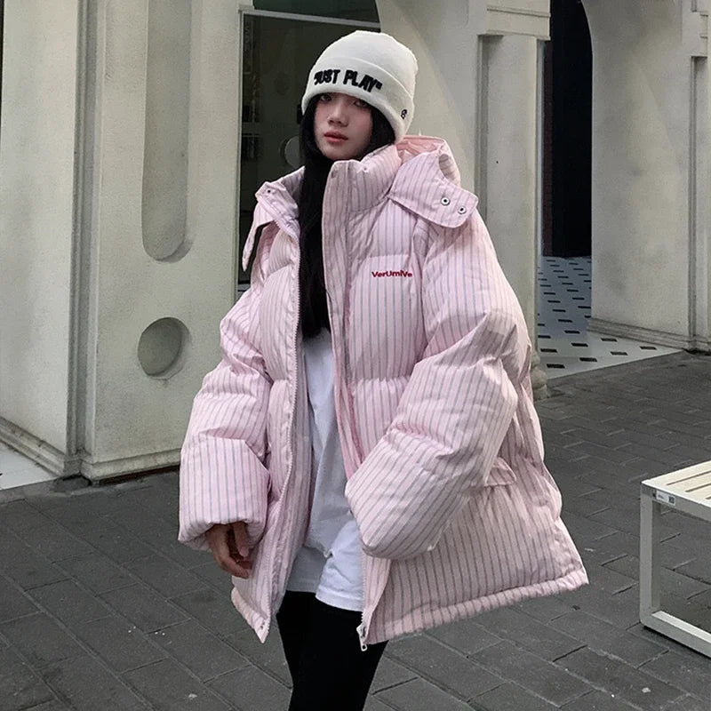 Overcoat 2025 Parkas Fashion Temperament Striped Warm Hooded Women's Quilted Cotton Coat Winter Loose Casual Women Cotton Coat