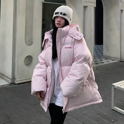 Overcoat 2025 Parkas Fashion Temperament Striped Warm Hooded Women's Quilted Cotton Coat Winter Loose Casual Women Cotton Coat
