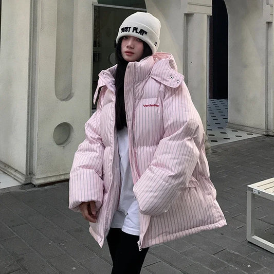 Overcoat 2025 Parkas Fashion Temperament Striped Warm Hooded Women's Quilted Cotton Coat Winter Loose Casual Women Cotton Coat