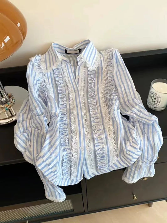 Blue Striped Women Shirts Autumn Korean Sweet Lace Patchwork Long Sleeve Blouse Fashion Single Breasted Slim All Match Top Mujer