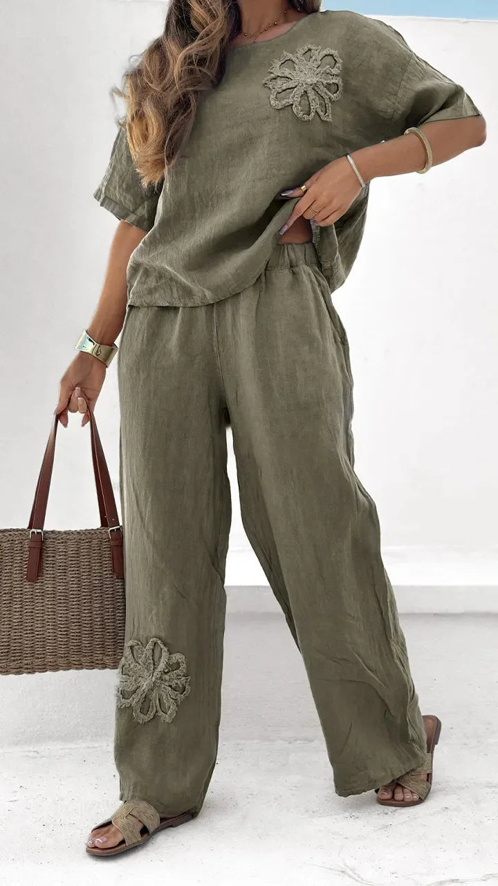 Completo casual da donna, 2 pezzi, taglie forti, ricamato, pantaloni larghi a vita alta, estivo, semplice, scollo tondo, maniche corte, completo da donna