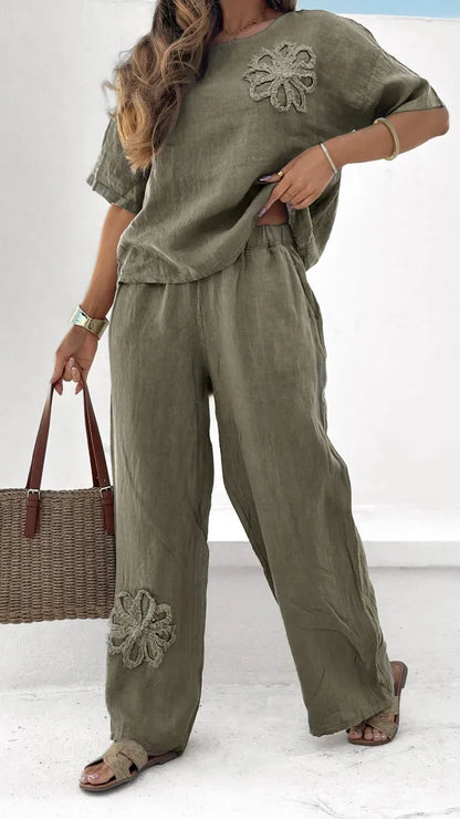 Completo casual da donna, 2 pezzi, taglie forti, ricamato, pantaloni larghi a vita alta, estivo, semplice, scollo tondo, maniche corte, completo da donna