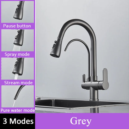 Black Filtered Faucet Brass Purifier Kitchen Faucet Dual Handle Drinking Water Vessel Sink Mixer Tap Torneira for Kitchen