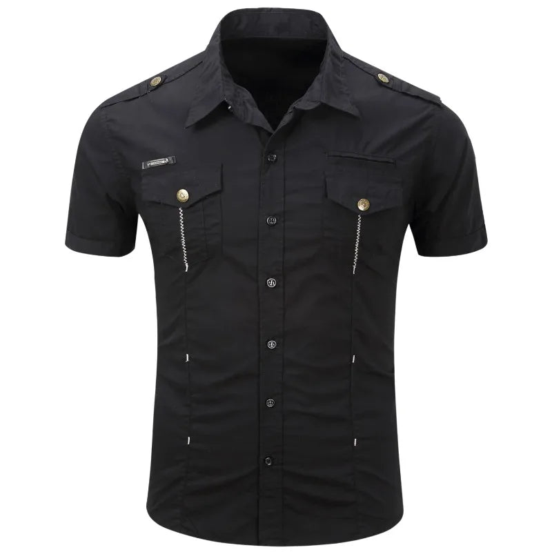 Camicia tattica militare estiva da uomo casual 100% cotone 2025, a maniche corte, tinta unita, con tasca