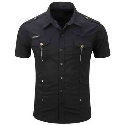 Camicia tattica militare estiva da uomo casual 100% cotone 2025, a maniche corte, tinta unita, con tasca