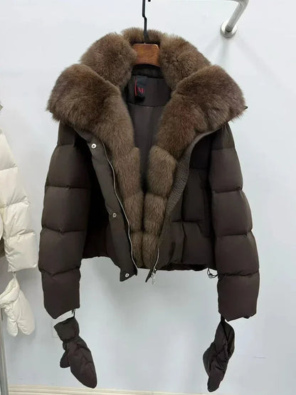 Natural Fox Fur Collar Goose Down Coat Luxury Reality Fur Jacket Huge Women Casual Warm Parka Real Fur Outwear Puffer Jacket