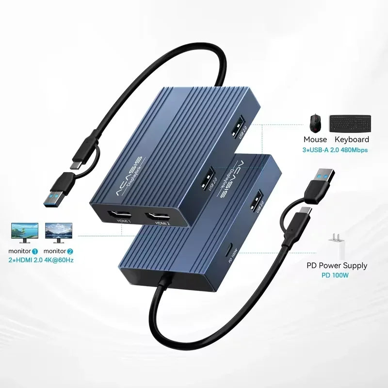 Acasis 6-in-1 USB-C Docking Station with DisplayLink, Support Dual 4K@60Hz, 100W PD Charging for MacBook Pro/Air