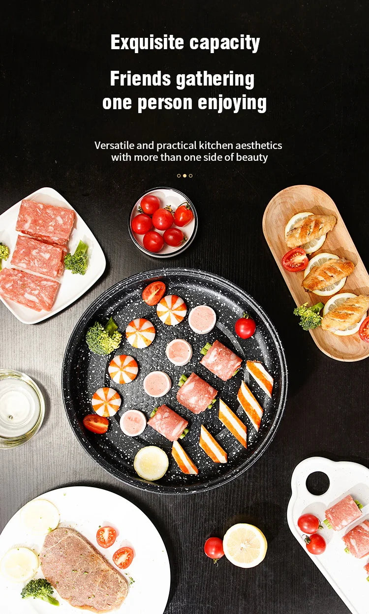Padella elettrica multicooker 220V per uso domestico, barbecue, frittura di pesce, bistecca, padella antiaderente, macchina per cucinare