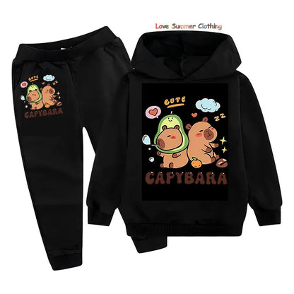 Set di 2 pezzi per bambine con felpa e pantaloni da jogging con stampa capibara, completo comodo per bambini, abbigliamento da gioco con capibara, lavabile in lavatrice, completo sportivo coordinato per tutti i giorni per ragazzi.