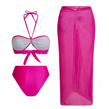Bikini sexy a tre pezzi, costume da bagno senza spalline da donna, gonna da spiaggia, tessuto in poliestere ad asciugatura rapida, tinta unita, per adulti.