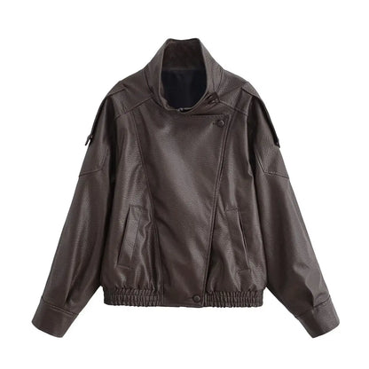 HH Autumn Faux Leather Jacket For Women Casual Solid Long Sleeve Zipper Pu Leather Coats New Fashion Female Streetwear