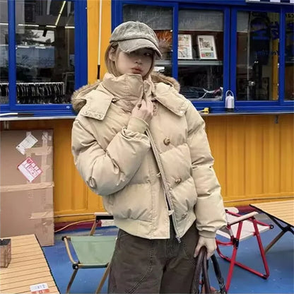 High-end off-white hooded fur collar cotton women's 2025 new winter Korean style versatile thickened warm cotton coat