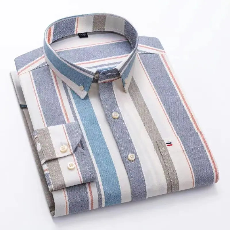 Camicia da uomo a quadri con bottoni a maniche lunghe in cotone 100%, con tasca singola sul petto, vestibilità standard, casual, stile Oxford a quadri e righe
