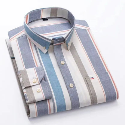 Camicia da uomo a quadri con bottoni a maniche lunghe in cotone 100%, con tasca singola sul petto, vestibilità standard, casual, stile Oxford a quadri e righe