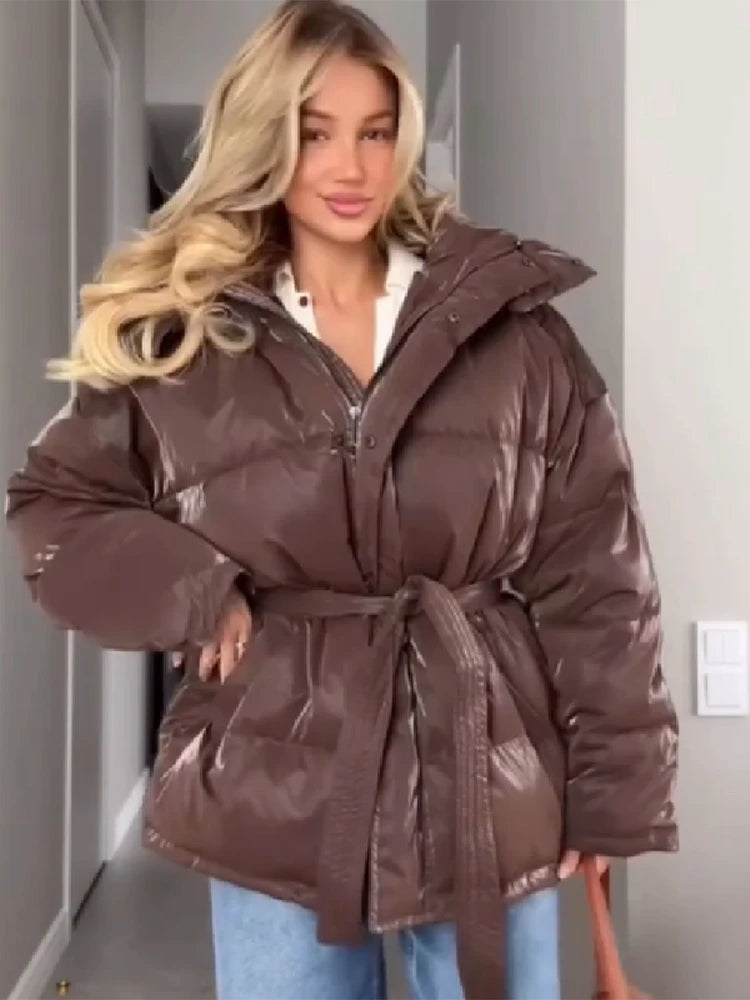 Women's Shiny Quilted Jacket With Detachable Hood Fashion Long Sleeve Zipper Belted Waist Coat Lady 2026 Warm Winter Outerwear