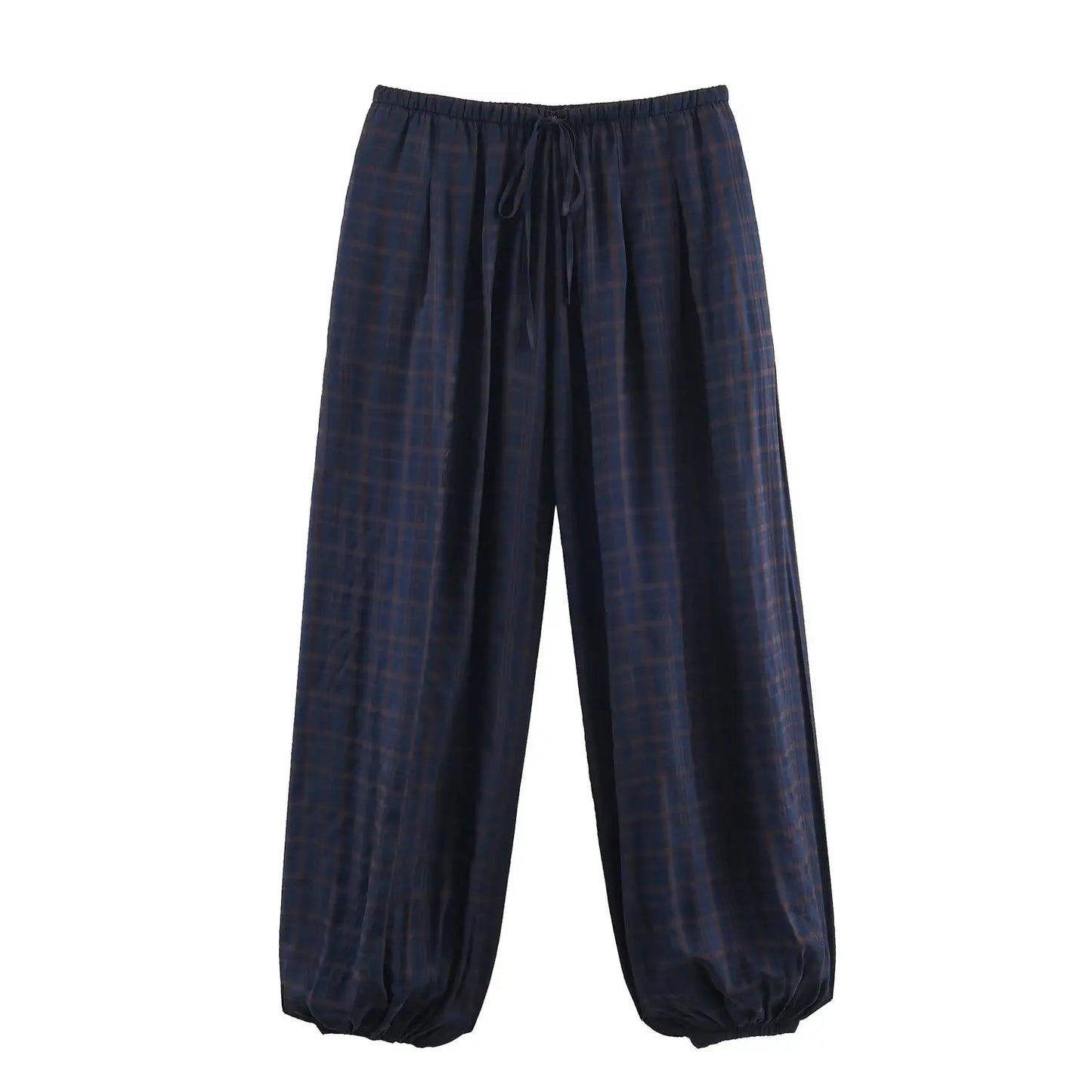 Trendy Plaid Lantern Drawstring Casual Pants Loose Fit With Drawstring Versatile Womens Everyday Workwear Pants Trafizaran
