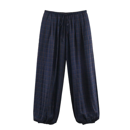 Trendy Plaid Lantern Drawstring Casual Pants Loose Fit With Drawstring Versatile Womens Everyday Workwear Pants Trafizaran